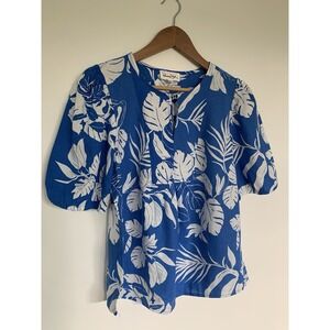 Panama Jack Linen Blend Top Women Sz S Puff Sleeve Blue White Tropical Resort